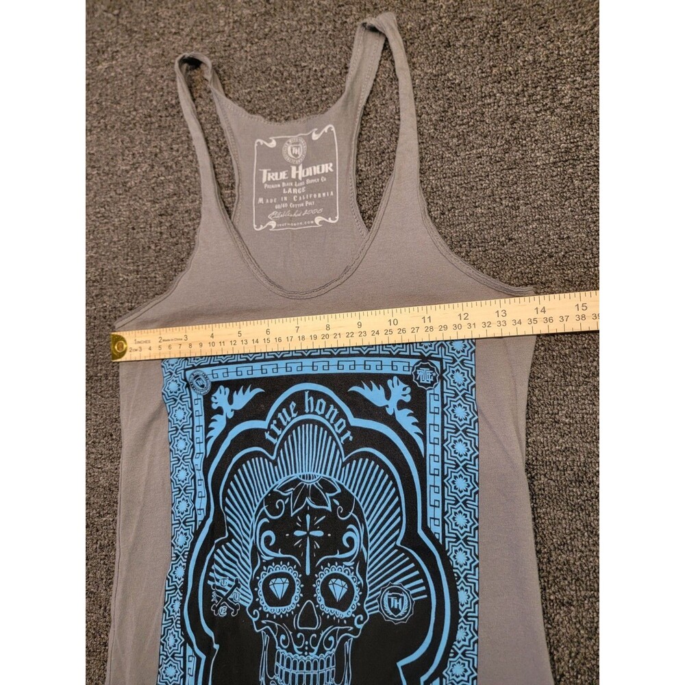 True Honor Women's Large Tank Top Grey Racerback Skull Graphic - Picture 8 of 11